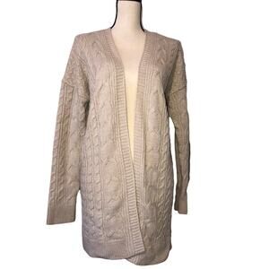 Cardigan Sweater Size M Cable Knit Beige Oatmeal Open Front Neutral Coastal